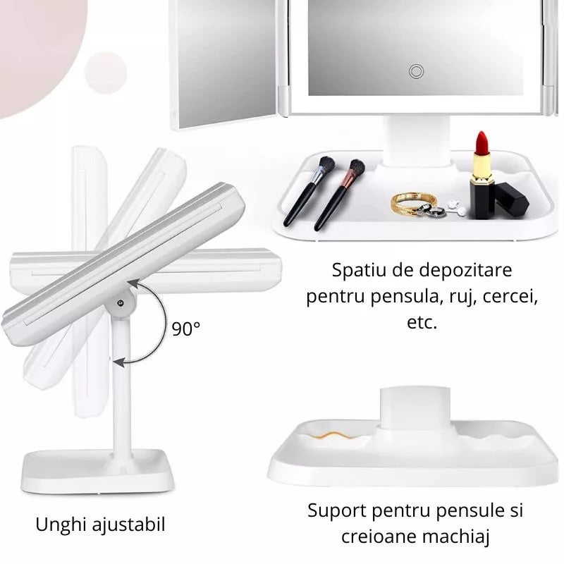 Oglindă cosmetică pentru machiaj cu LED, mărire 2X, 3X, control tactil, 3 tipuri de lumină-3