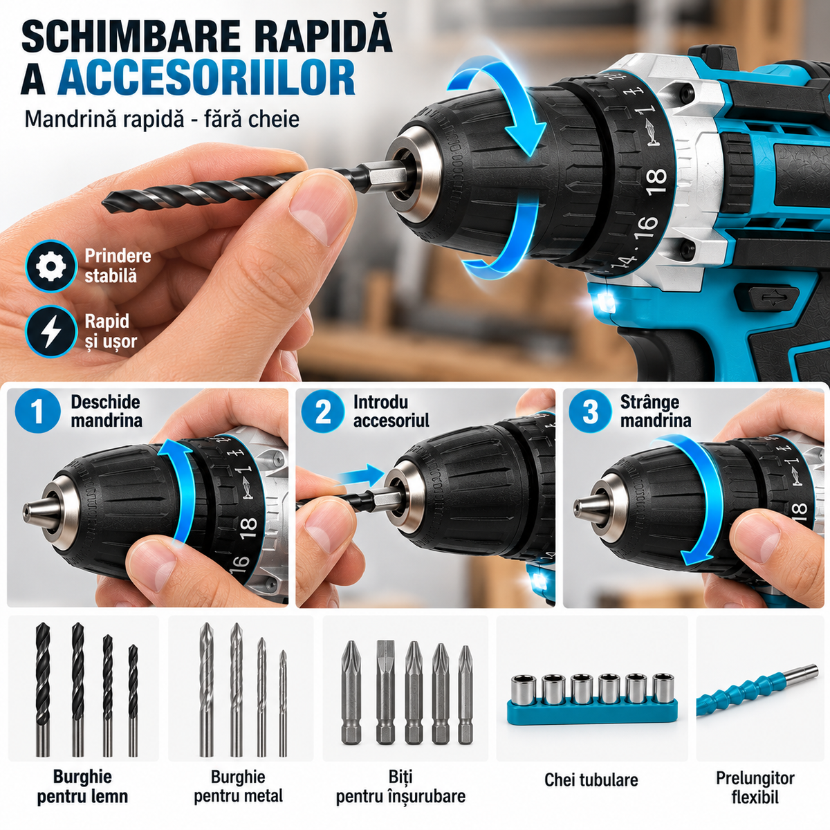 Trusa Bormasina 48V, cu 2 acumulatori si incarcator, mandrina metalica, Accesorii Incluse-4