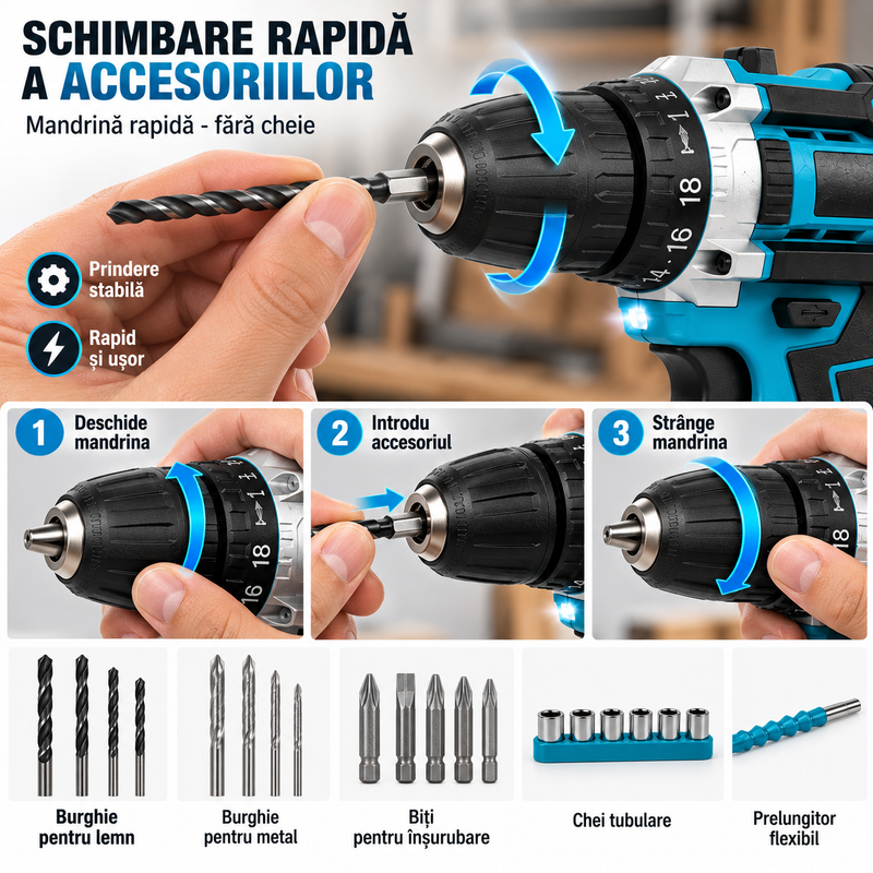 Trusa Bormasina 48V, cu 2 acumulatori si incarcator, mandrina metalica, Accesorii Incluse-4