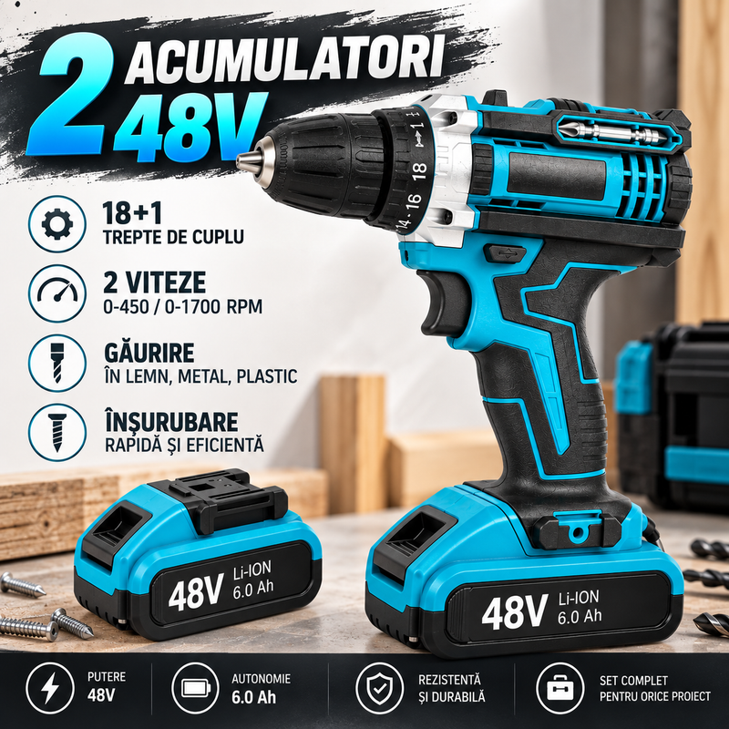 Trusa Bormasina 48V, cu 2 acumulatori si incarcator, mandrina metalica, Accesorii Incluse-3