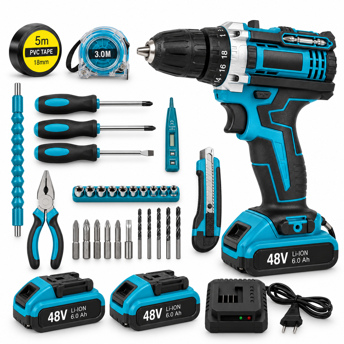 Trusa Bormasina 48V, cu 2 acumulatori si incarcator, mandrina metalica, Accesorii Incluse
