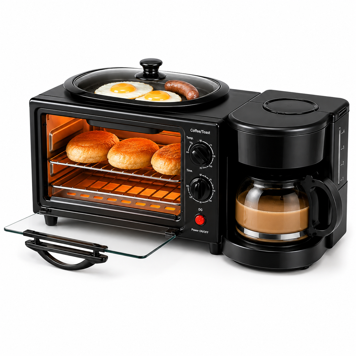 Aparat Mic Dejun 3 în 1 cu Cuptor, Cafetieră și Grill, Multifuncțional, Negru