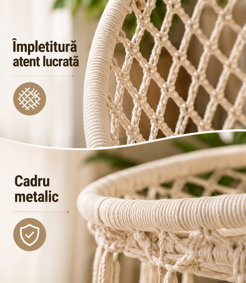 Leagăn Suspendat cu Șezut Împletit și Frânghii pentru Interior și Exterior-7