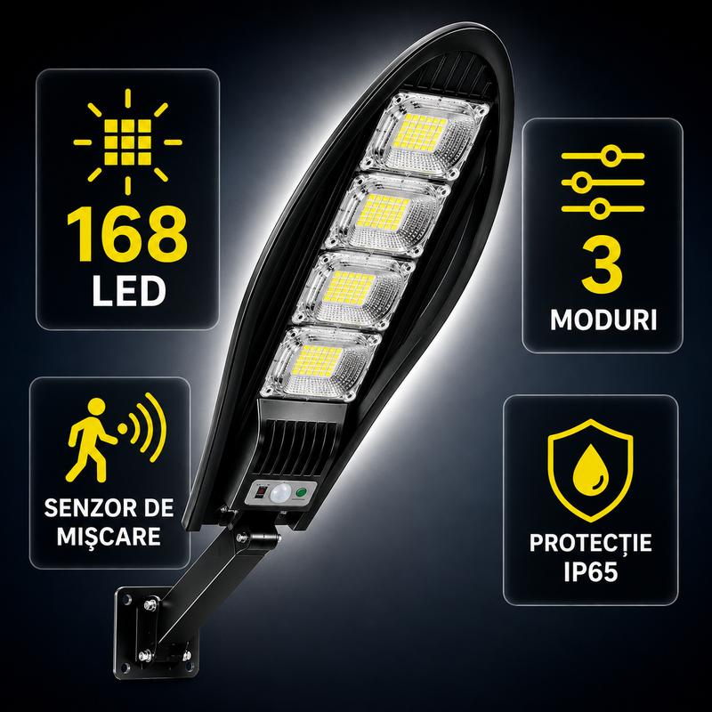 Lampă Solară de Exterior 168 LED cu Senzor de Mișcare, Telecomandă, 3 Moduri, IP65-3