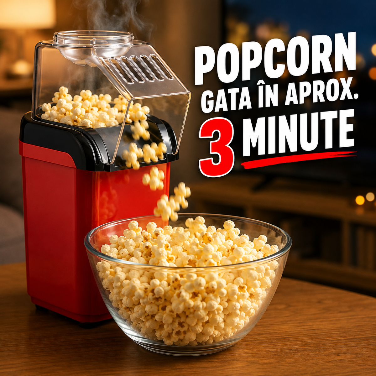Aparat de Făcut Popcorn fără Ulei, 1200W, Preparare Rapidă în 3 Minute-3