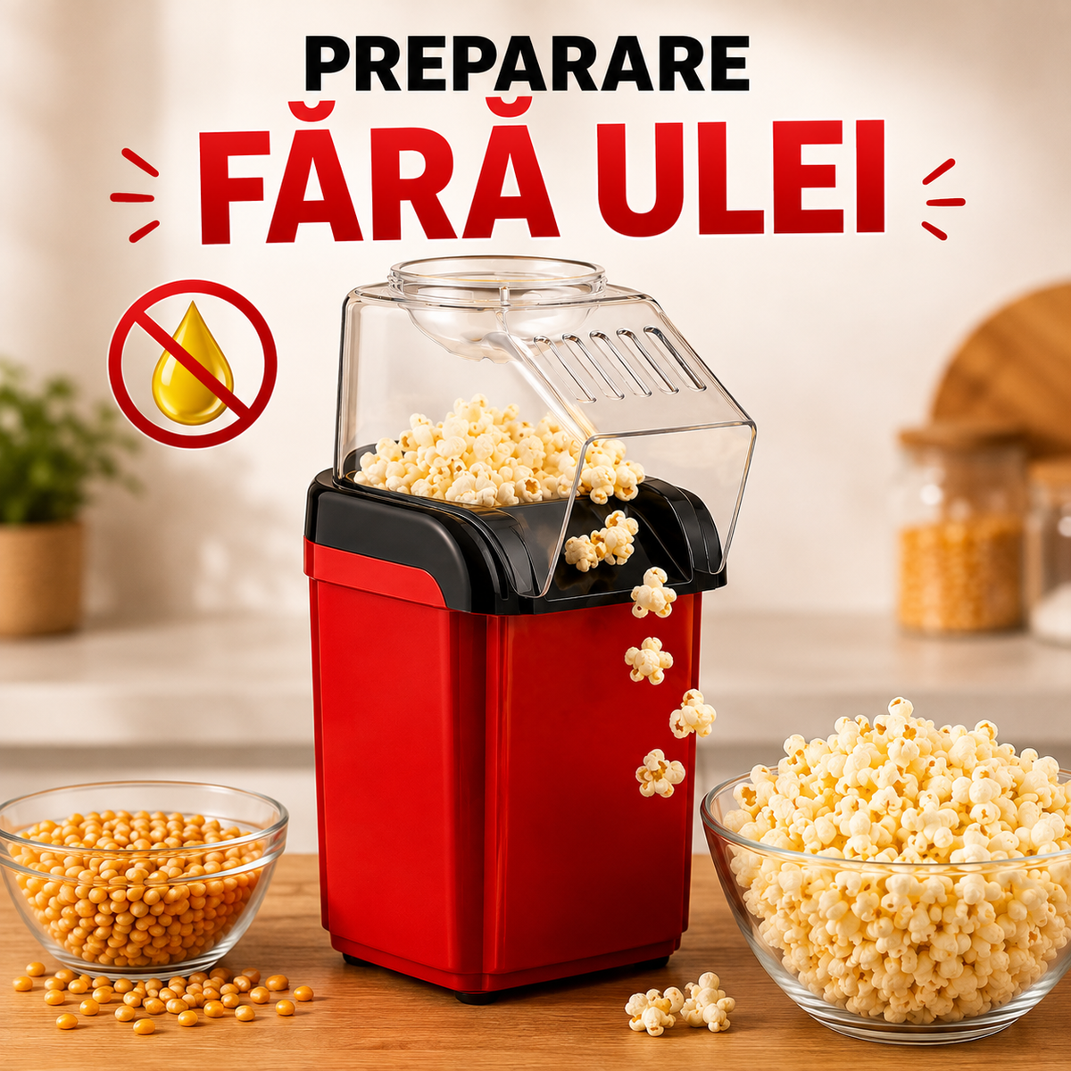 Aparat de Făcut Popcorn fără Ulei, 1200W, Preparare Rapidă în 3 Minute-4