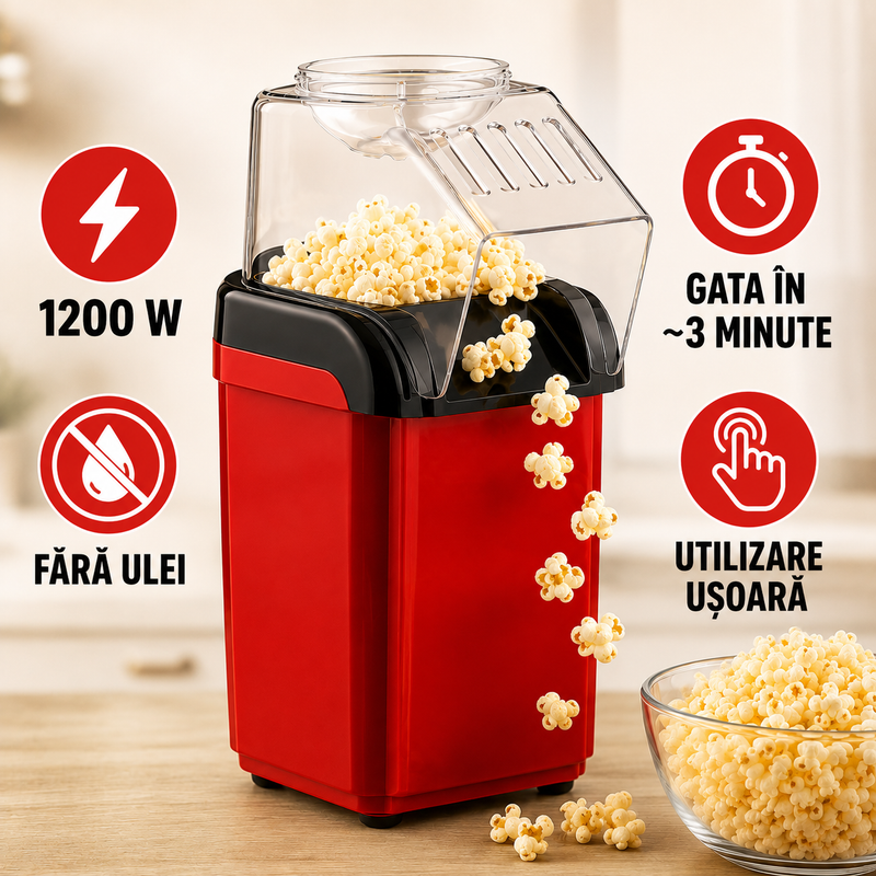 Aparat de Făcut Popcorn fără Ulei, 1200W, Preparare Rapidă în 3 Minute-5