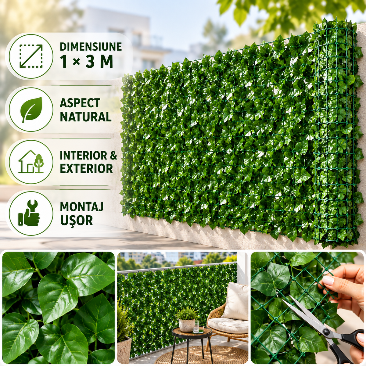 Gard Viu Artificial 1 × 3 m, Plasă Flexibilă pentru Balcon, Terasă și Gard, Verde-3