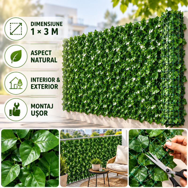 Gard Viu Artificial 1 × 3 m, Plasă Flexibilă pentru Balcon, Terasă și Gard, Verde-3