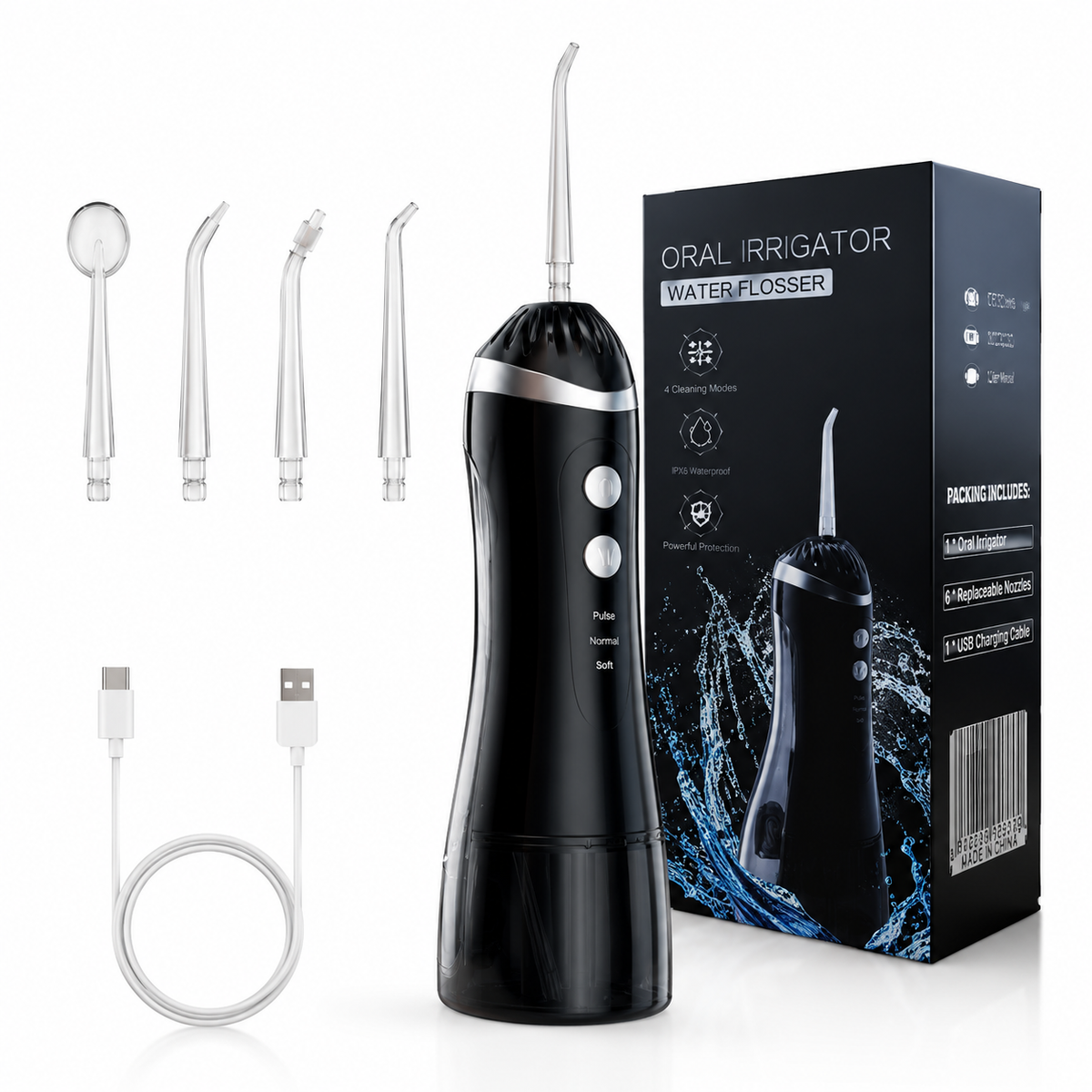 Irigator Oral Portabil cu 6 Duze, 4 Moduri, Rezervor 200 ml, IPX6