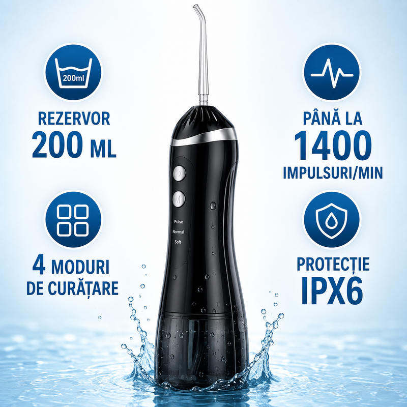 Irigator Oral Portabil cu 6 Duze, 4 Moduri, Rezervor 200 ml, IPX6-2