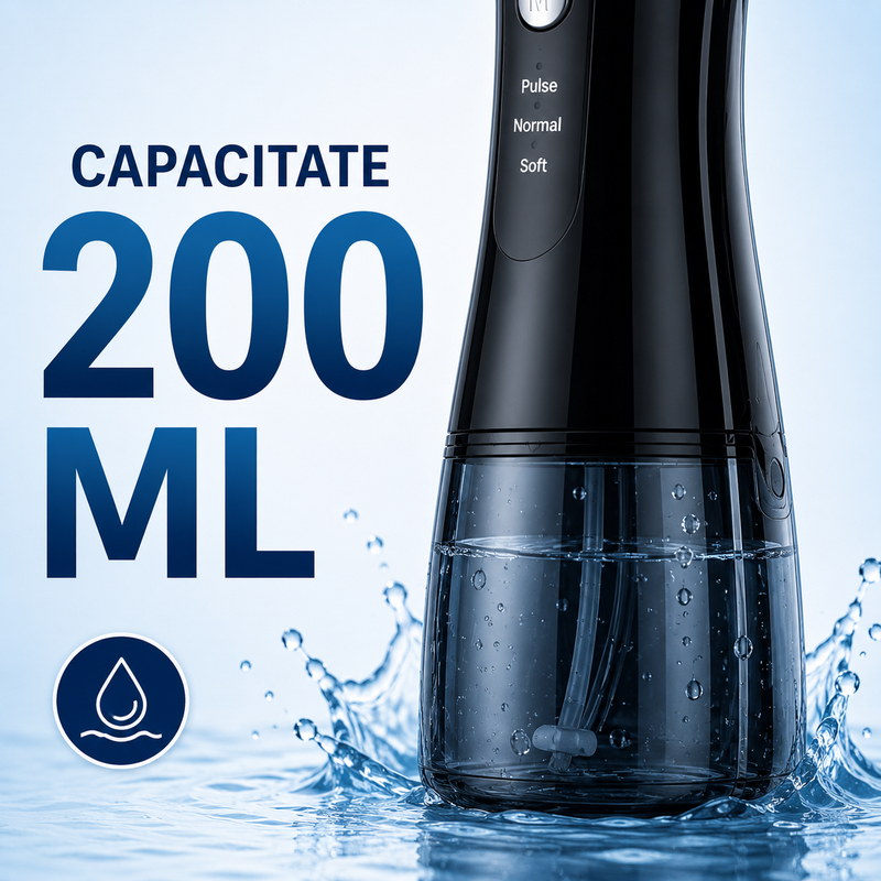 Irigator Oral Portabil cu 6 Duze, 4 Moduri, Rezervor 200 ml, IPX6-4