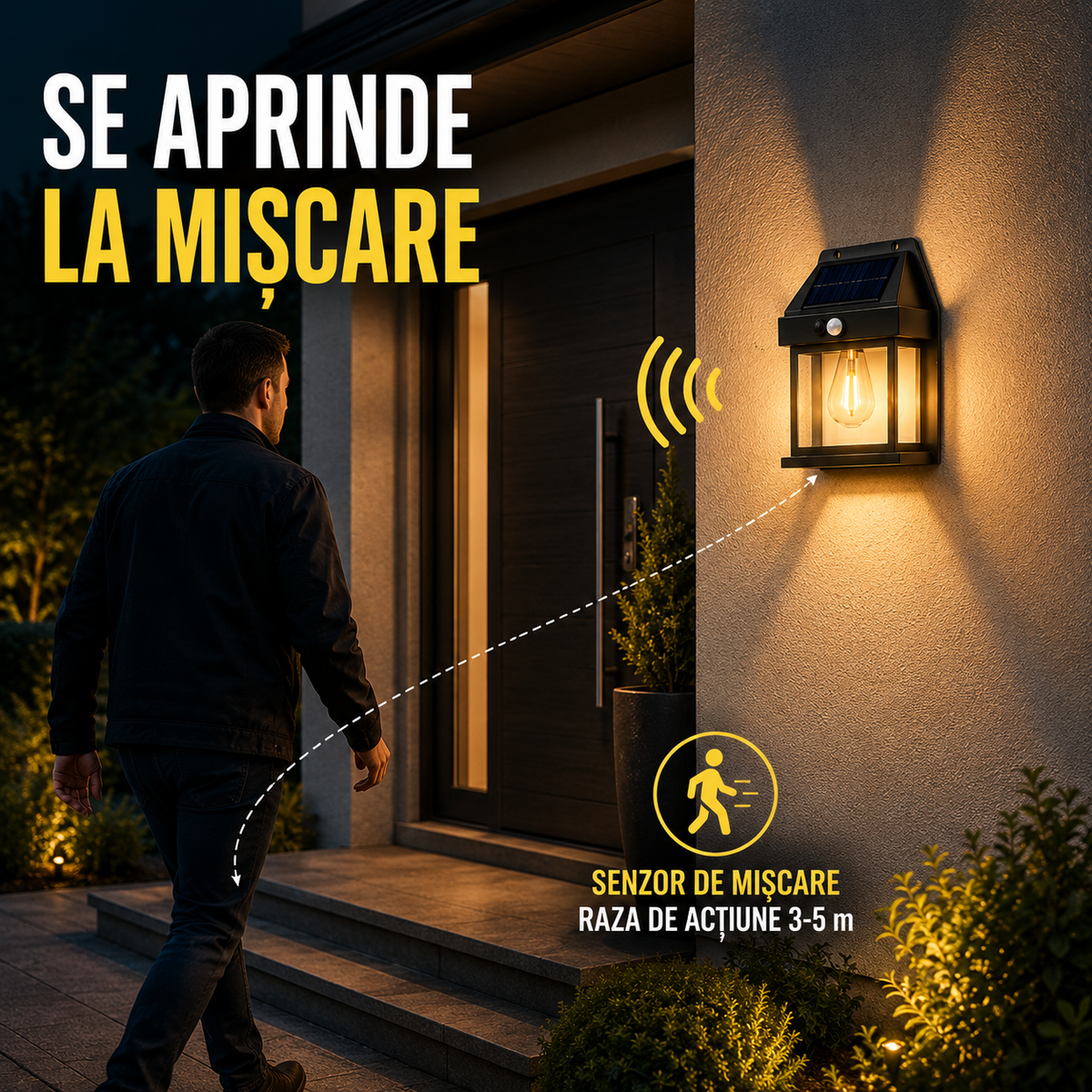 Lampă Solară de Perete în Formă de Felinar, cu Senzor de Mișcare, 18W-5