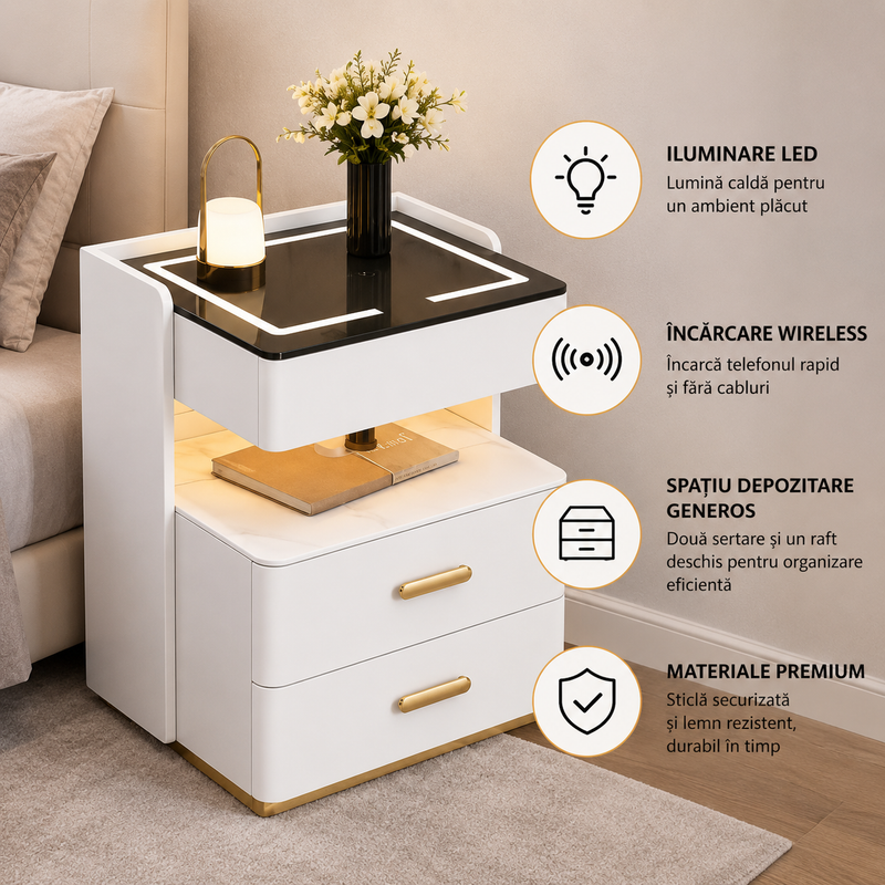 Noptieră inteligentă cu încărcare wireless, iluminare LED și 3 sertare, 55 x 40 x 50 cm-4