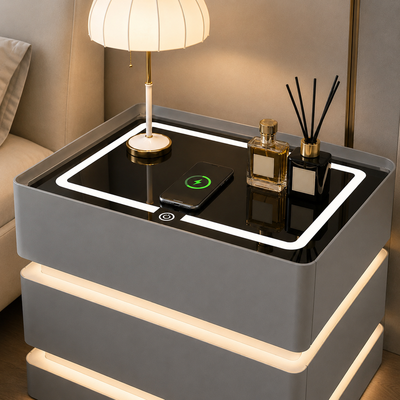 Noptieră Smart Premium cu 3 Sertare, Încărcare Wireless, Port USB, 2 Boxe Bluetooth și LED-3