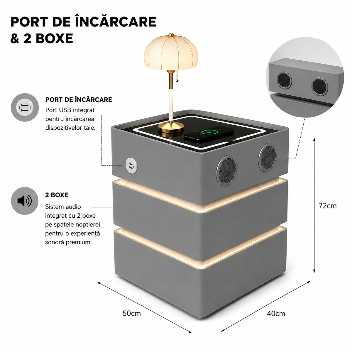 Noptieră Smart Premium cu 3 Sertare, Încărcare Wireless, Port USB, 2 Boxe Bluetooth și LED-7