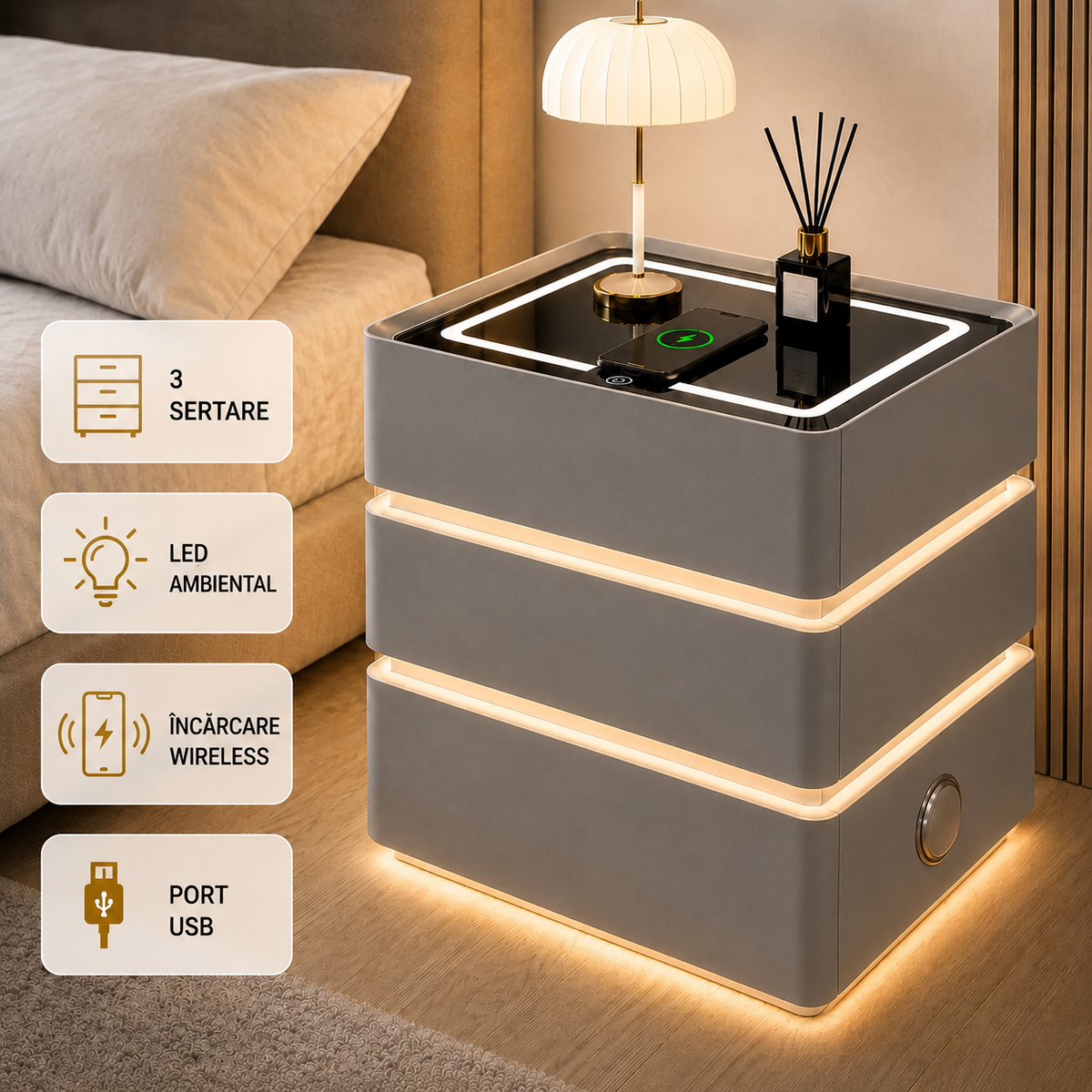 Noptieră Smart Premium cu 3 Sertare, Încărcare Wireless, Port USB, 2 Boxe Bluetooth și LED-4