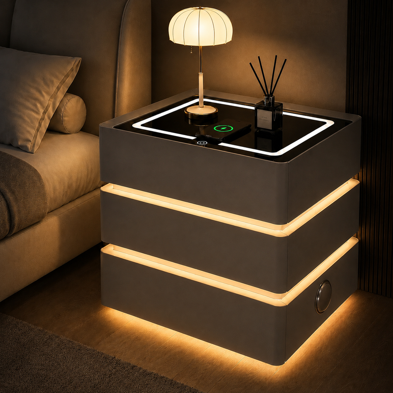 Noptieră Smart Premium cu 3 Sertare, Încărcare Wireless, Port USB, 2 Boxe Bluetooth și LED-8