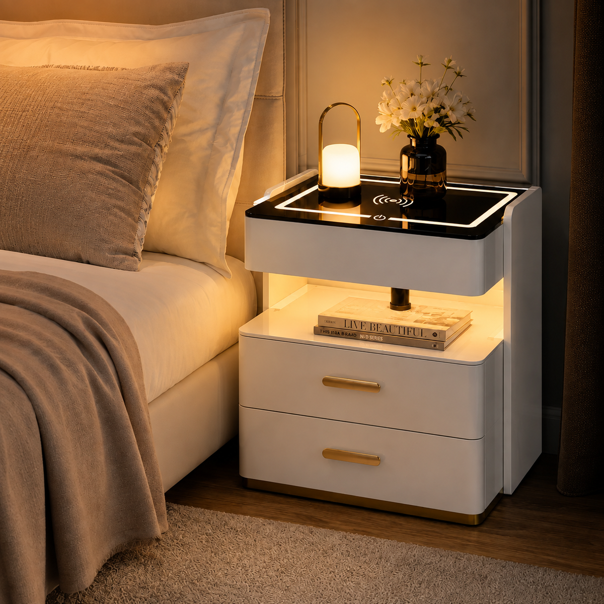 Noptieră inteligentă cu încărcare wireless, iluminare LED și 3 sertare, 55 x 40 x 50 cm-3