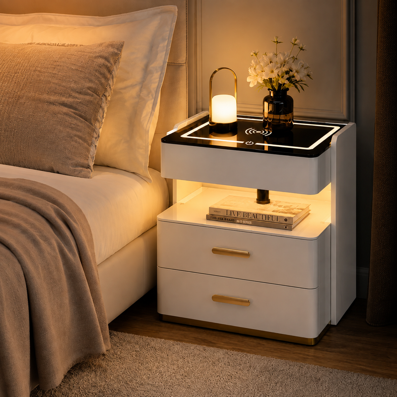 Noptieră inteligentă cu încărcare wireless, iluminare LED și 3 sertare, 55 x 40 x 50 cm-3