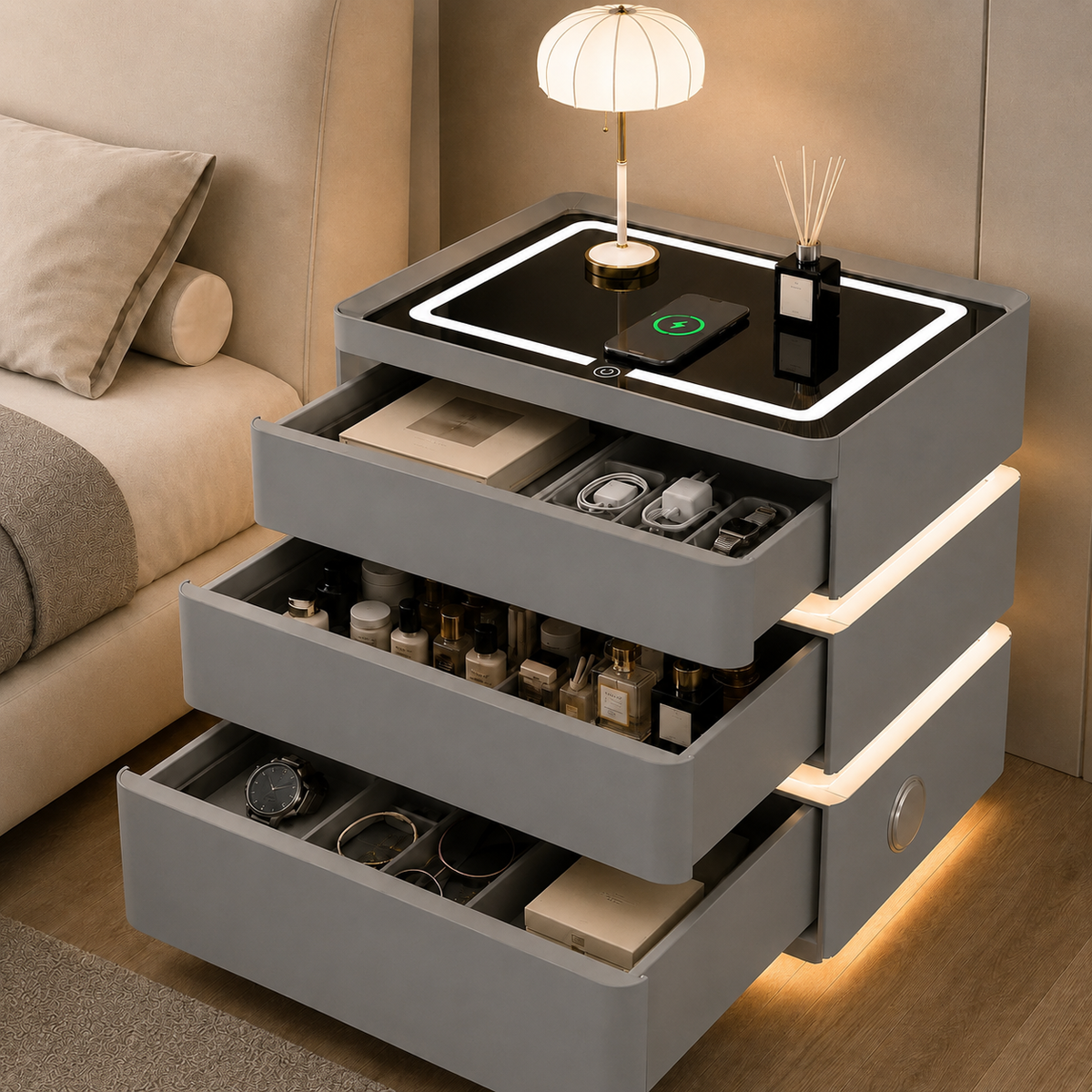 Noptieră Smart Premium cu 3 Sertare, Încărcare Wireless, Port USB, 2 Boxe Bluetooth și LED-5