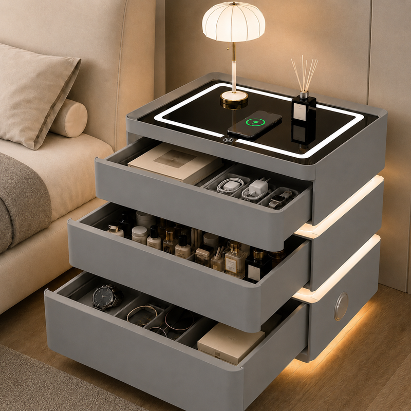 Noptieră Smart Premium cu 3 Sertare, Încărcare Wireless, Port USB, 2 Boxe Bluetooth și LED-5