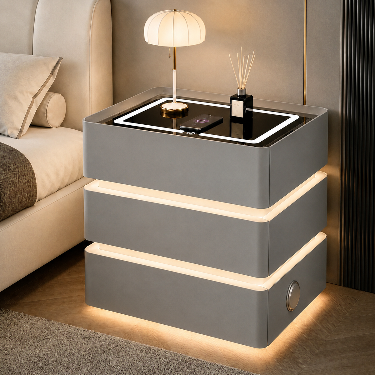 Noptieră Smart Premium cu 3 Sertare, Încărcare Wireless, Port USB, 2 Boxe Bluetooth și LED