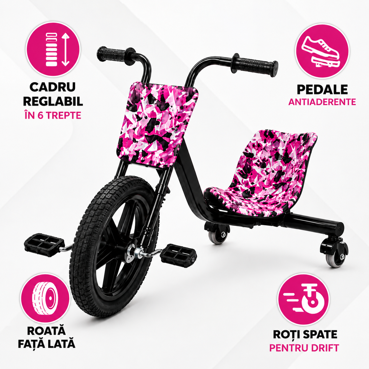 Tricicletă Drift pentru Copii cu Cadru Reglabil în 6 Trepte și Pedale Antiaderente-4