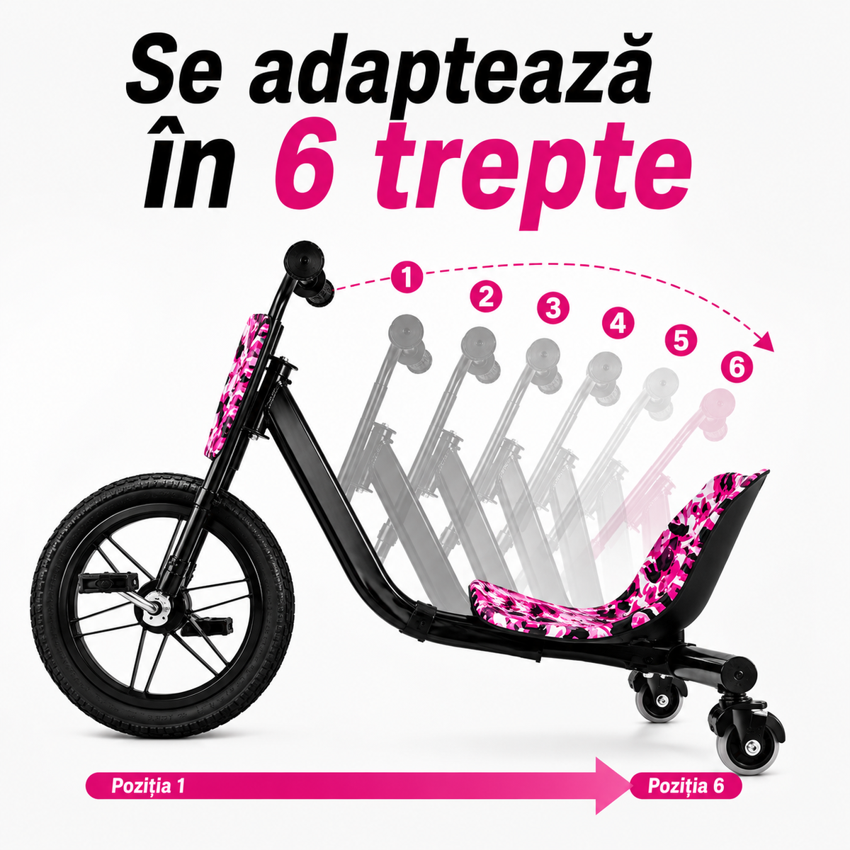 Tricicletă Drift pentru Copii cu Cadru Reglabil în 6 Trepte și Pedale Antiaderente-6