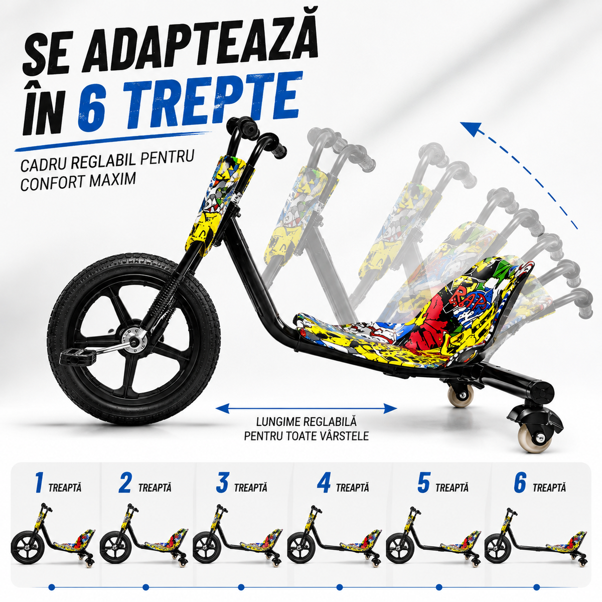 Tricicletă Drift pentru Copii cu Cadru Reglabil în 6 Trepte și Pedale Antiaderente-16