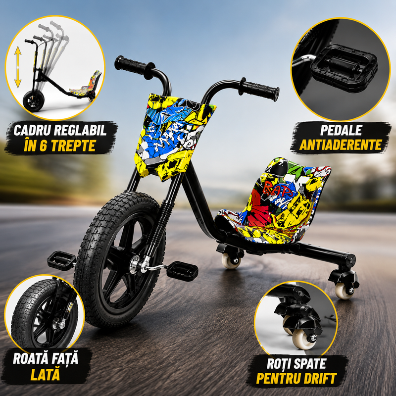 Tricicletă Drift pentru Copii cu Cadru Reglabil în 6 Trepte și Pedale Antiaderente-17