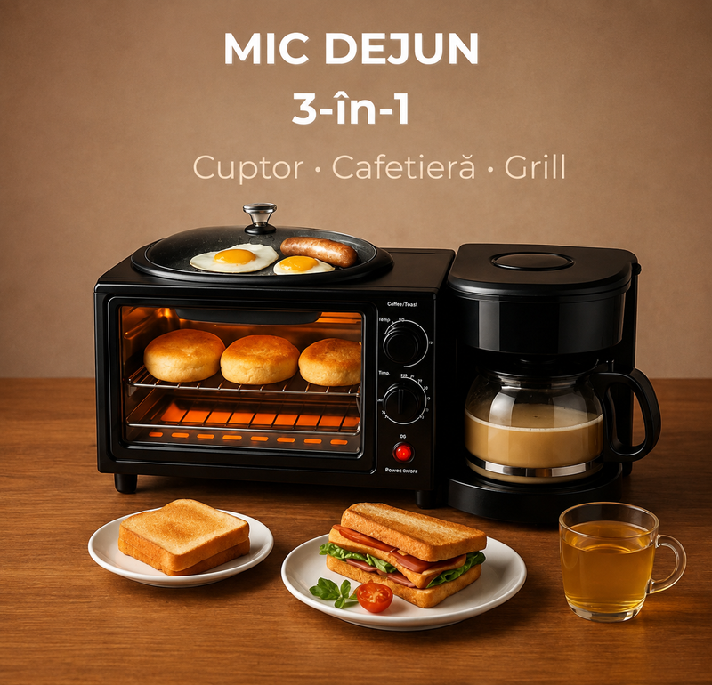 Aparat Mic Dejun 3 în 1 cu Cuptor, Cafetieră și Grill, Multifuncțional, Negru-2