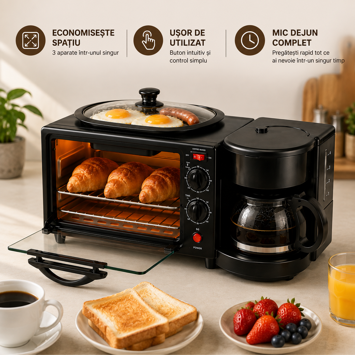 Aparat Mic Dejun 3 în 1 cu Cuptor, Cafetieră și Grill, Multifuncțional, Negru-4