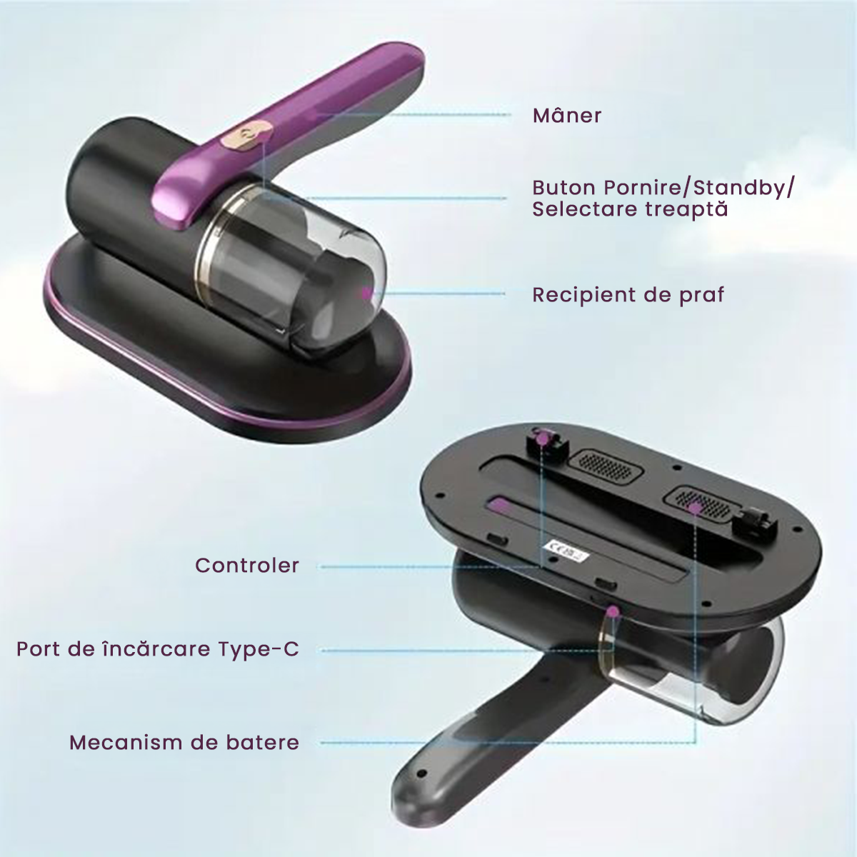 Aspirator Saltele Antiacarieni cu Lampă UV 100W Fără Fir Roz-4