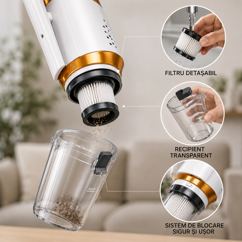 Aspirator vertical și de mână 2 în 1, fără fir, cu filtru detașabil și accesorii-4