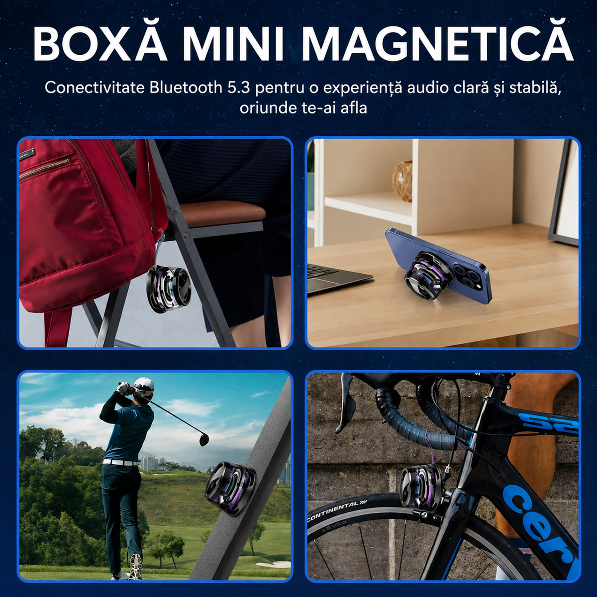Boxă Portabilă Bluetooth 5.3 Atașare Magnetică IPX7 RGB 3D Negru