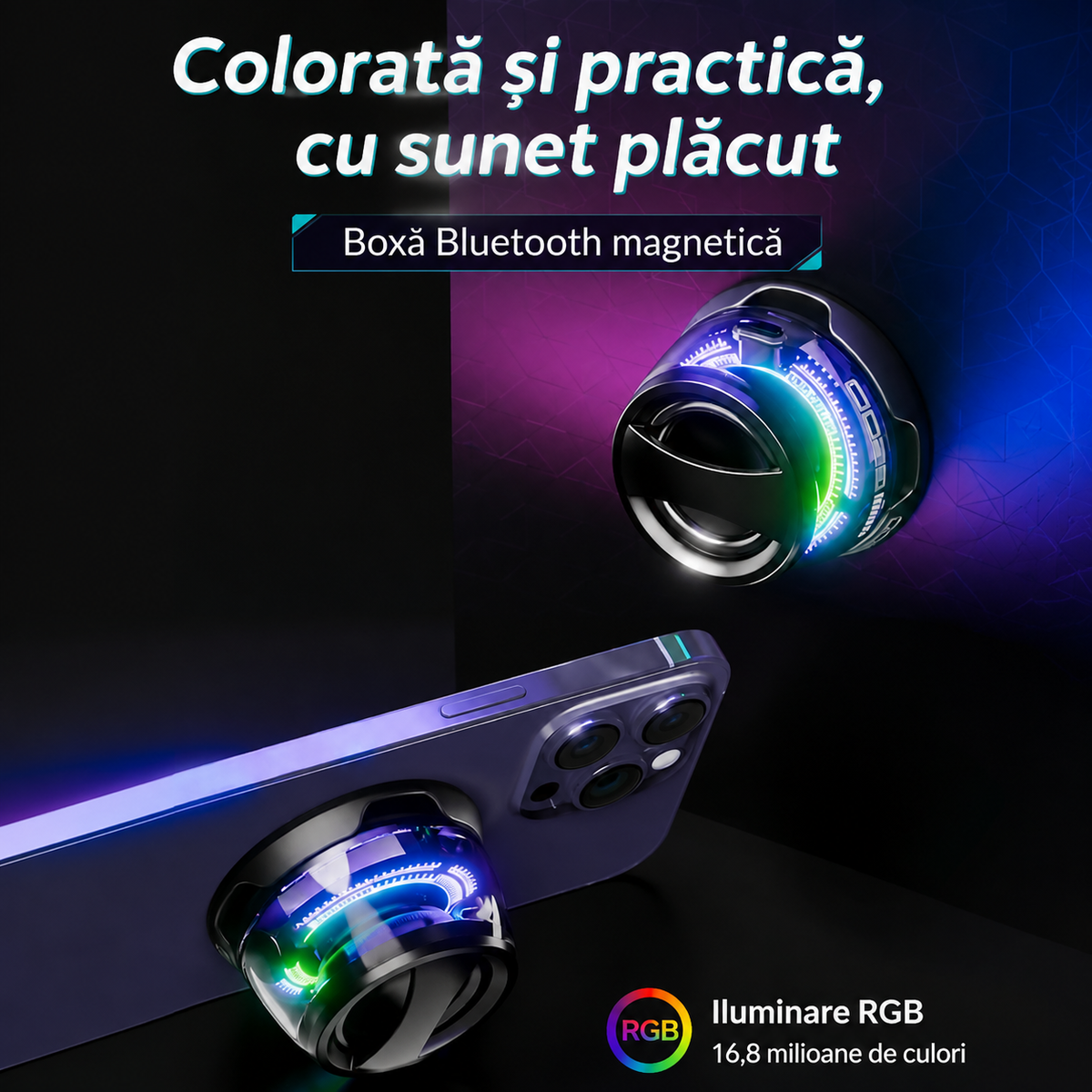 Boxă Portabilă Bluetooth 5.3 Atașare Magnetică IPX7 RGB 3D Negru-6