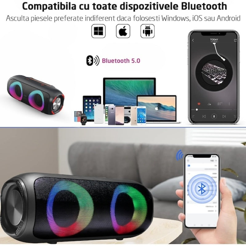 Boxă Portabilă Bluetooth 5.1 Lumini RGB Radio FM IPX6 4000mAh Neagră