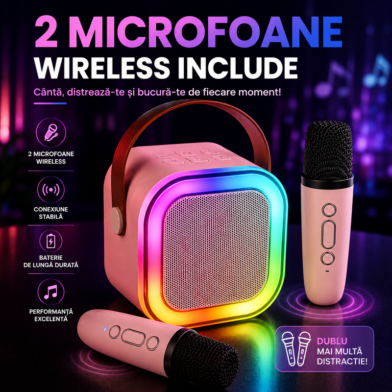 Boxă Karaoke Portabilă cu 2 Microfoane Wireless, Bluetooth și Lumini RGB-10