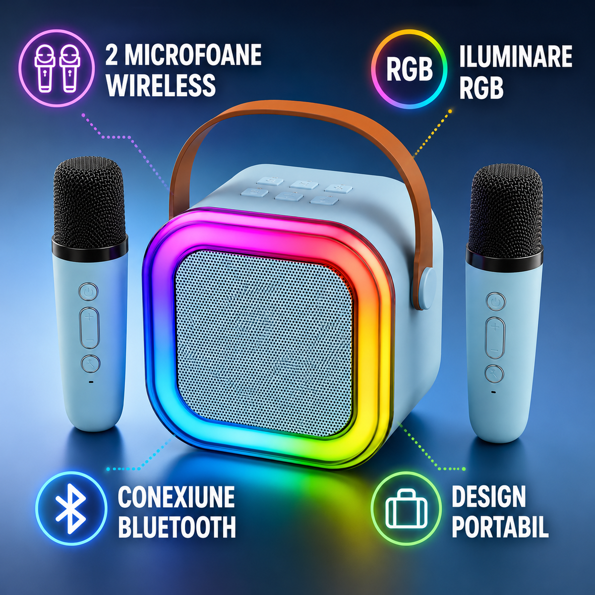 Boxă Karaoke Portabilă cu 2 Microfoane Wireless, Bluetooth și Lumini RGB-4