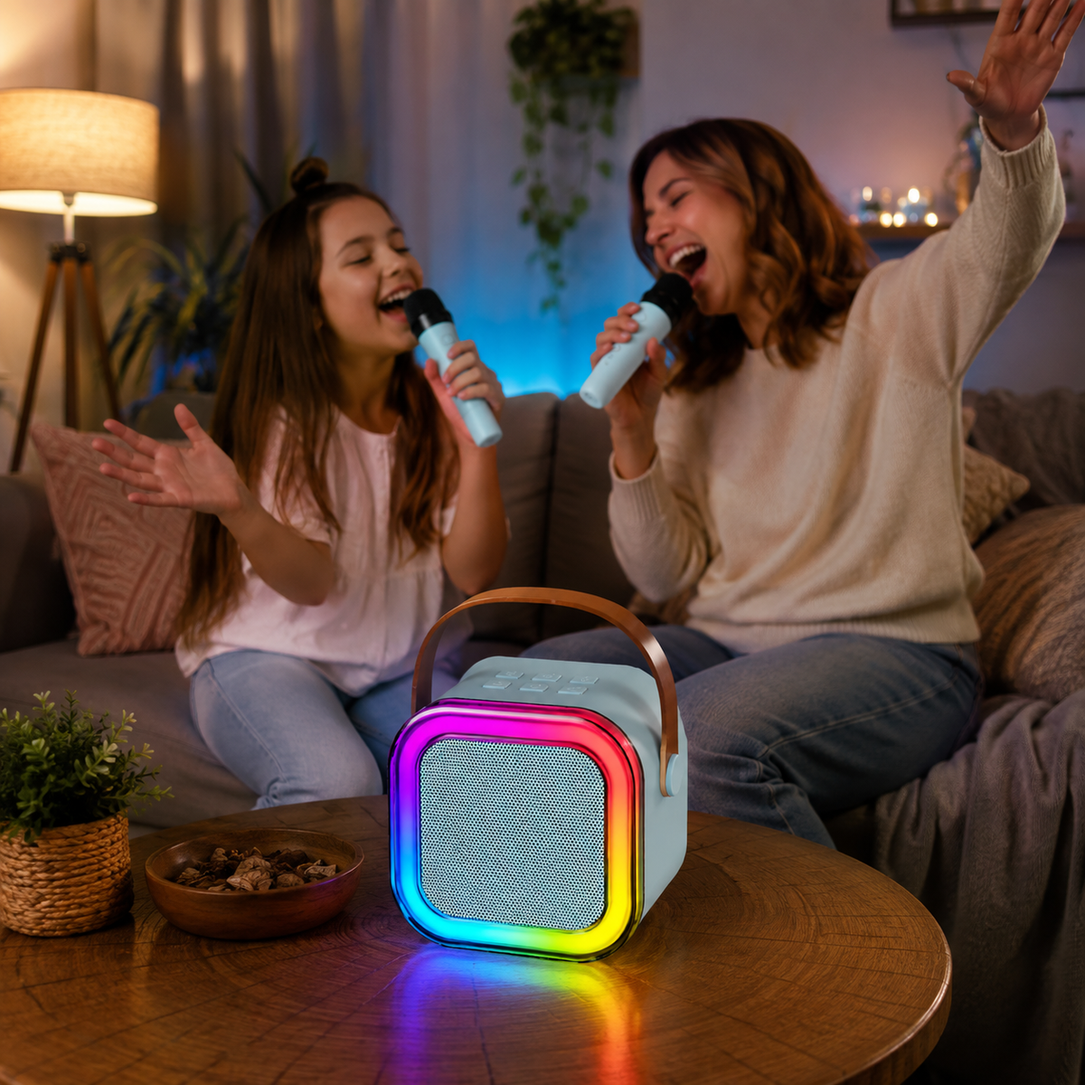 Boxă Karaoke Portabilă cu 2 Microfoane Wireless, Bluetooth și Lumini RGB-5