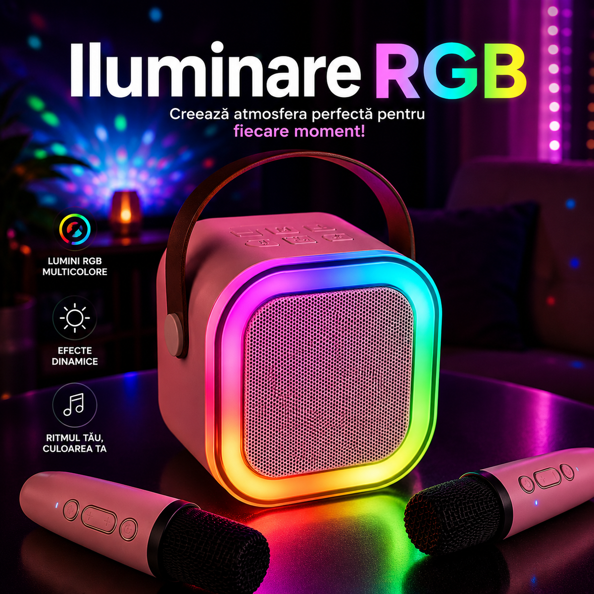 Boxă Karaoke Portabilă cu 2 Microfoane Wireless, Bluetooth și Lumini RGB-11