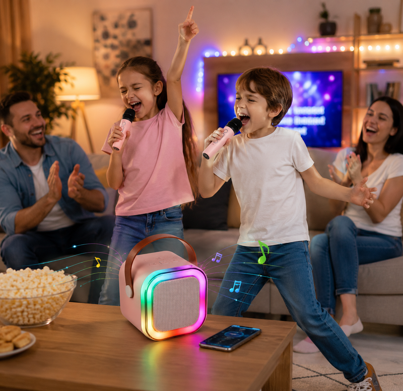 Boxă Karaoke Portabilă cu 2 Microfoane Wireless, Bluetooth și Lumini RGB-12
