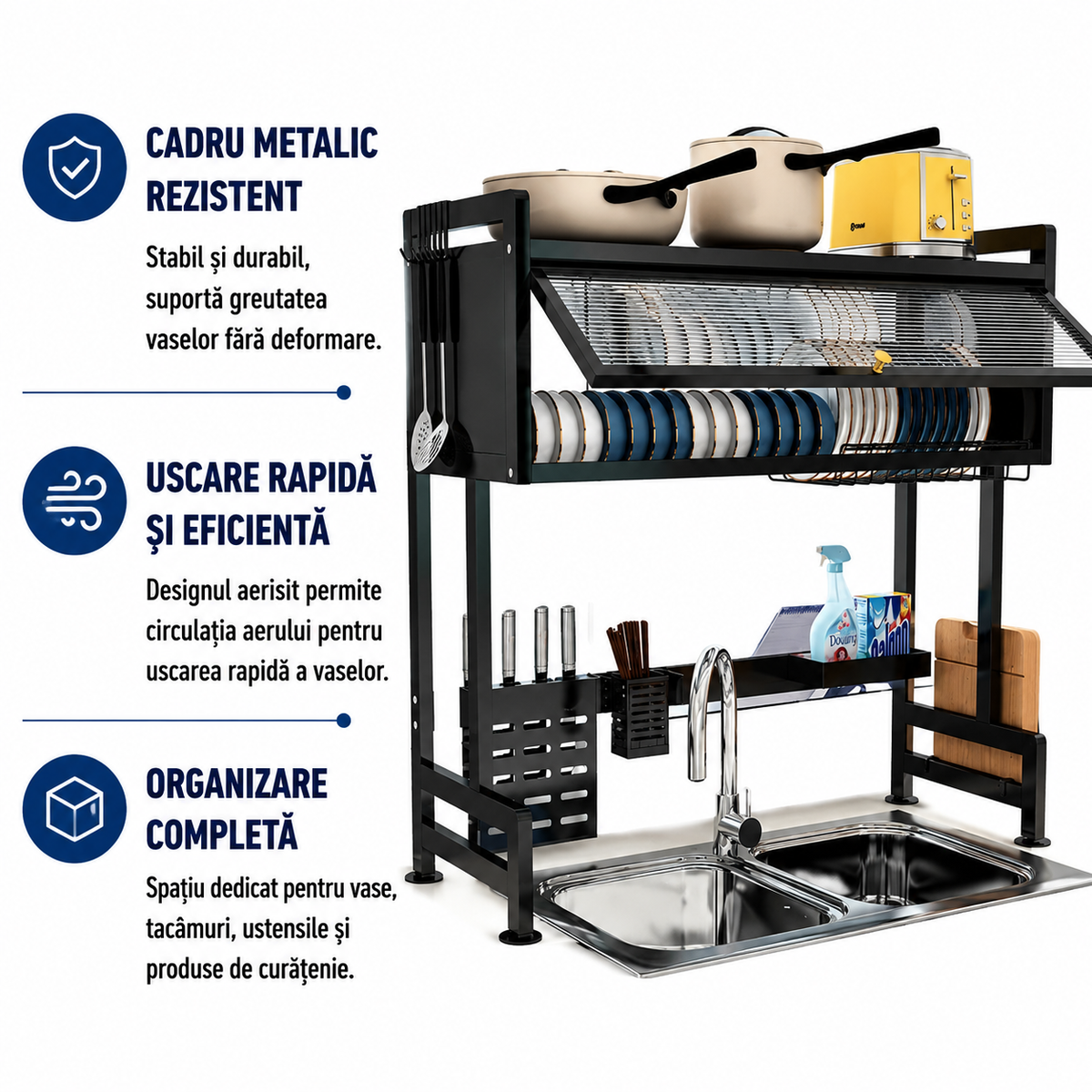 Scurgător de Vase Metalic 85 cm cu Capac și Organizator Multifuncțional