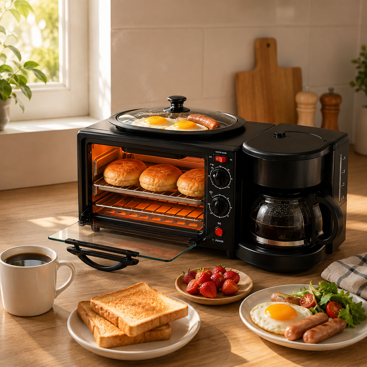 Aparat Mic Dejun 3 în 1 cu Cuptor, Cafetieră și Grill, Multifuncțional, Negru-3