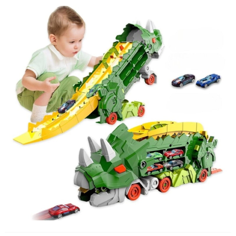 Camion Dinozaur Interactiv Pistă Dublă Lansator 4 Mașini Verde-7