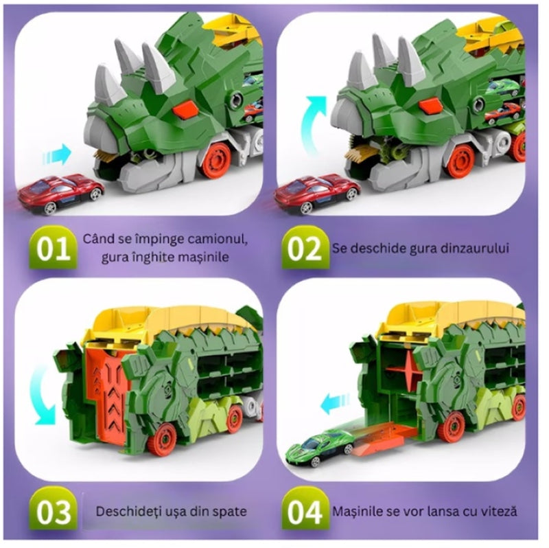 Camion Dinozaur Interactiv Pistă Dublă Lansator 4 Mașini Verde-2