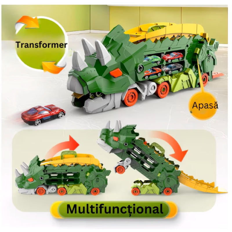 Camion Dinozaur Interactiv Pistă Dublă Lansator 4 Mașini Verde-3
