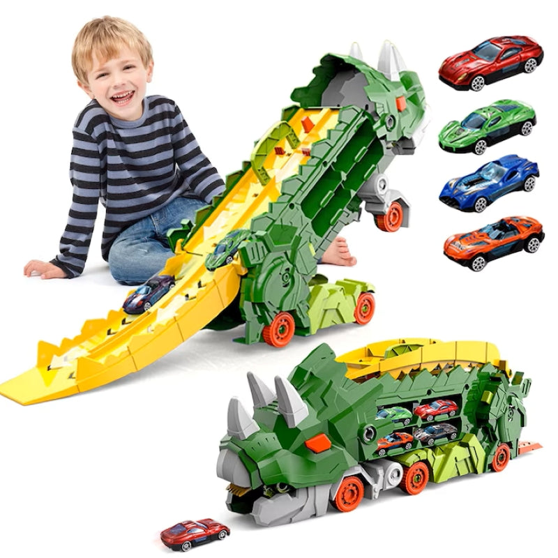 Camion Dinozaur Interactiv Pistă Dublă Lansator 4 Mașini Verde-5