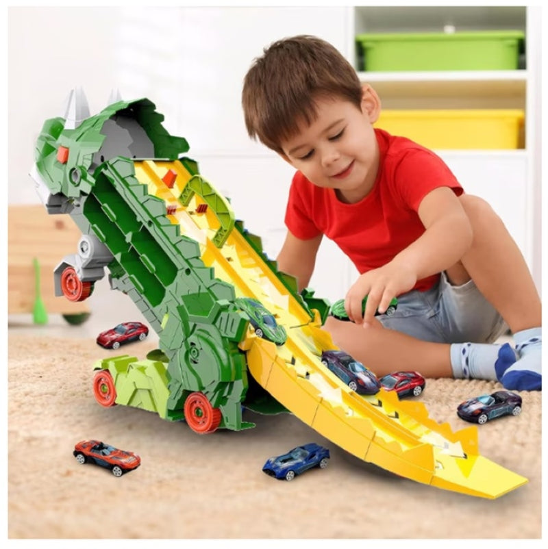 Camion Dinozaur Interactiv Pistă Dublă Lansator 4 Mașini Verde-4
